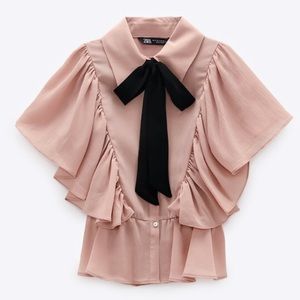 Zara Ruffle Flutter Sleeve Blouse attached Bow Size Large